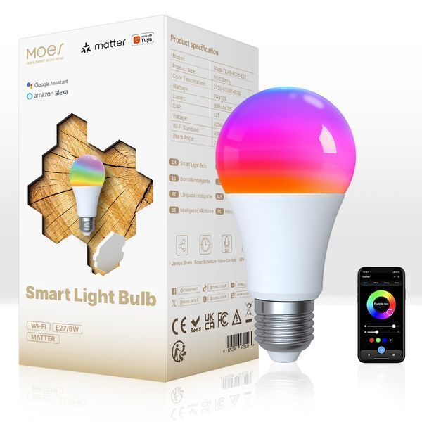 Matter Wi-Fi LED лампа Moes Tuya Smart RGB E27 для розумного освітлення (MWB-TDA9-RCW-E27) M10471 фото