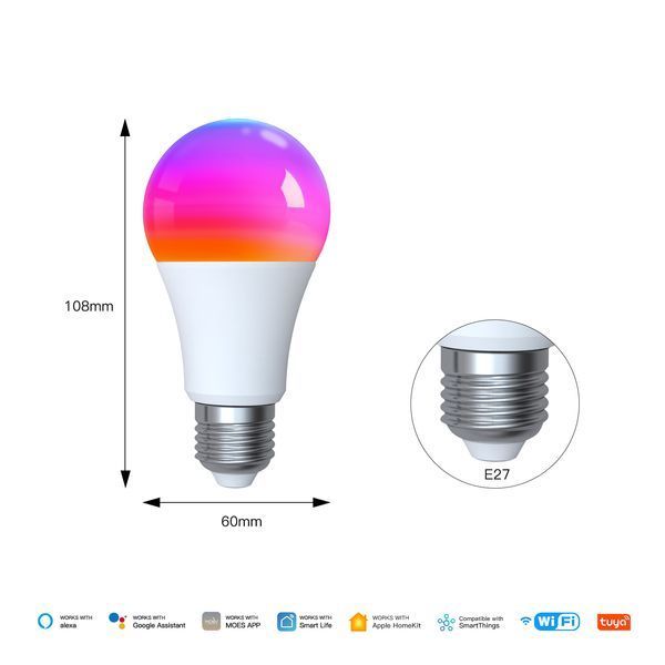 Matter Wi-Fi LED лампа Moes Tuya Smart RGB E27 для розумного освітлення (MWB-TDA9-RCW-E27) M10471 фото