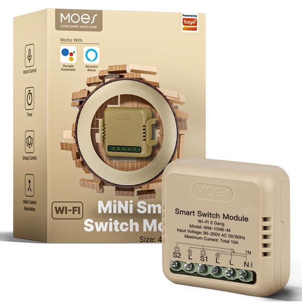 Wi-Fi міні-реле двоканальне Moes Tuya Smart 10A для розумного дому (WM-104B-M-LT) M10492 фото